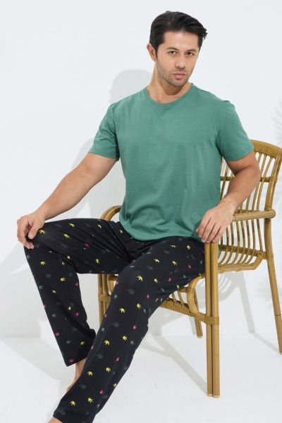 Ανδρική Πιτζάμα κοντομάνικη μπλούζα βαμβακερή με σχέδιο φύλλα