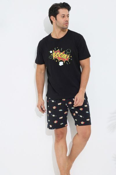 Ανδρική Πιτζάμα Σορτσάκι κοντό μανίκι μαύρο χρώμα με σχέδια