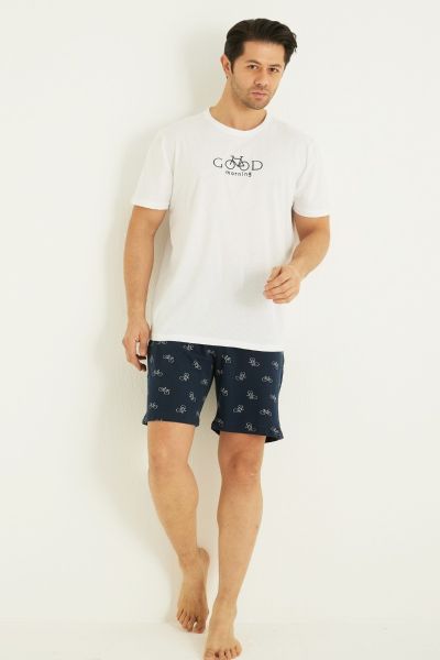 Ανδρική Πιτζάμα Σορτσάκι κοντό μανίκι εκρού χρώμα με ποδήλατα