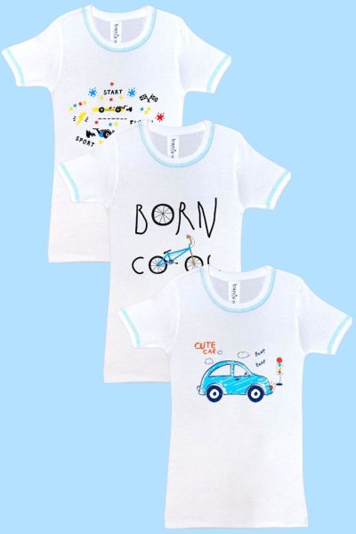 Αγορίστικα παιδικά Φανελάκια κοντομάνικα βαμβακερά λευκά σχέδιο 3 τεμάχια