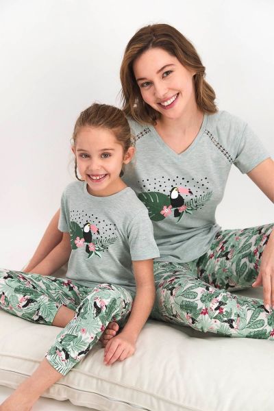 Καλοκαιρινή πιτζάμα μαμά και κόρη με σχέδιο toucan πράσινη
