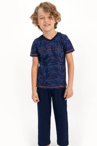 Καλοκαιρινή αγορίστικη παιδική πιτζάμα σκούρο μπλε φύλλα βαμβακερή