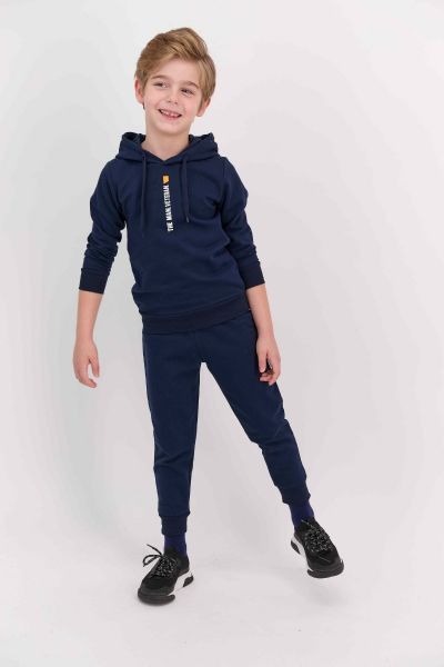 Παιδική χειμωνιάτικη πιτζάμα για αγόρι βαμβακερή σκούρη μπλε κουκούλα