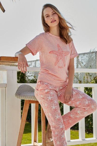 Γυναικεία πιτζάμα μακρύ παντελόνι κοντομάνικη βαμβακερή ροζ αστερίας