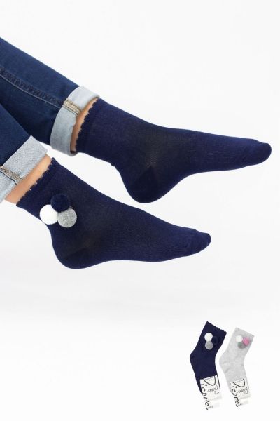 Κοριτσίστικες παιδικές κάλτσες 2 ζευγάρια μπλε γκρι πον πον 