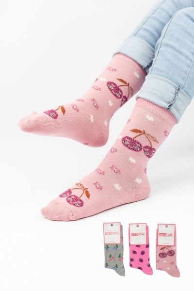 Κοριτσίστικες Παιδικές κάλτσες κεράσια 3 ζευγάρια ανοιχτόχρωμα