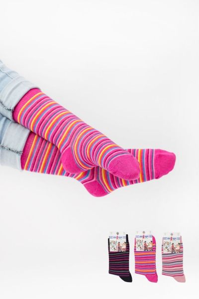 Κοριτσίστικες Παιδικές κάλτσες με πολύχρωμες ρίγες 3 ζευγάρια φούξια