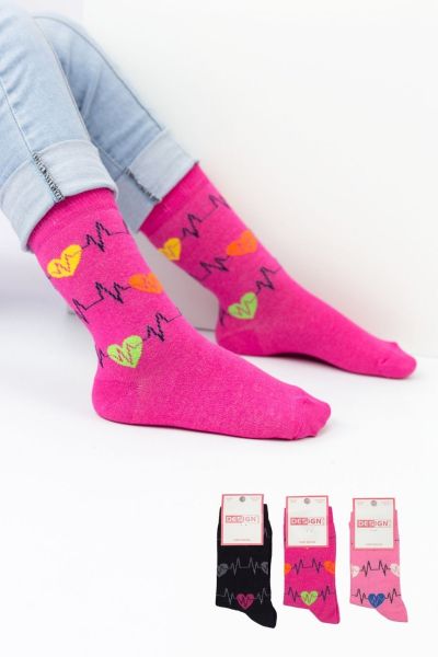 Κοριτσίστικες παιδικές κάλτσες με καρδιογράφημα μαύρο ροζ φούξια