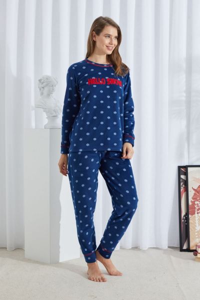 Γυναικεία χειμωνιάτικη πιτζάμα φλις πιτζάμα πουά σκούρο μπλε