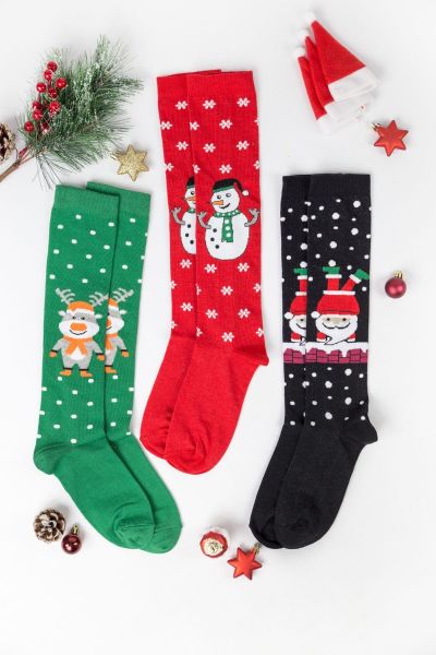 Γυναικείες χριστουγεννιάτικες κάλτσες knee high Design SNOW 3 ζευγάρια