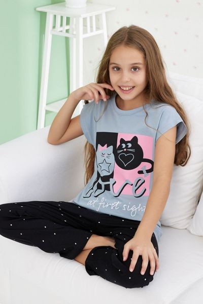 Παιδική κοριτσίστικη Πιτζάμα κοντομάνικη μπλούζα μακρύ παντελόνι