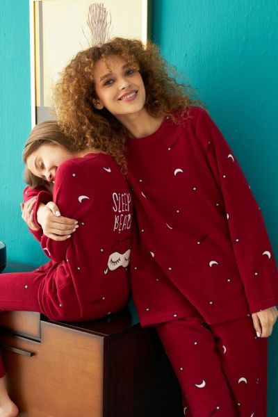 Παιδική κοριτσίστικη χειμωνιάτικη πιτζάμα φλις μαμά και κόρη μπορντό 