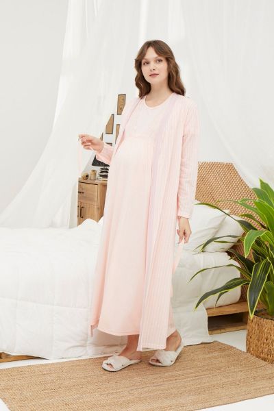 Γυναικείο νυχτικό εγκυμοσύνης και θηλασμού με ρόμπα απαλό ροζ