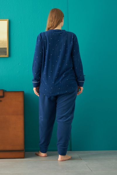 Γυναικεία plus size χειμωνιάτικη πιτζάμα φλις σκούρο μπλε 