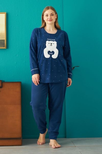 Γυναικεία plus size χειμωνιάτικη πιτζάμα φλις σκούρο μπλε 