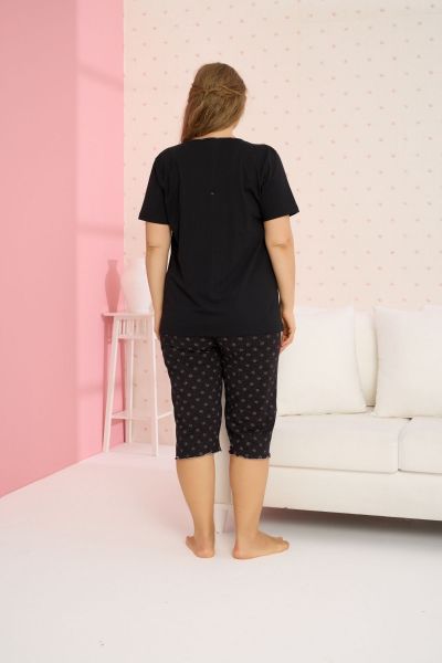 Γυναικεία πιτζάμα plus size με κάπρι μαύρη με σχέδιο βαμβακερή