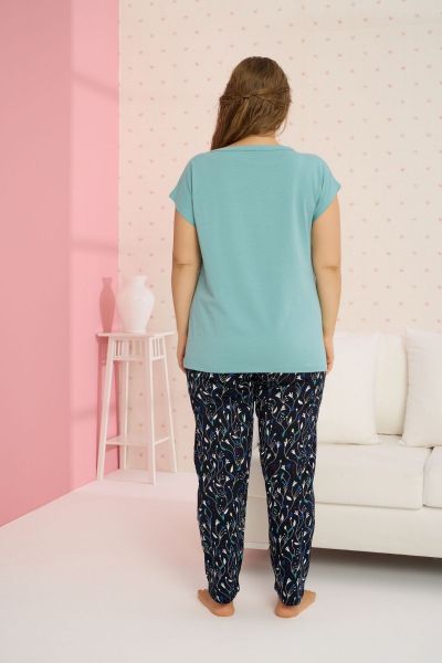 Γυναικεία πιτζάμα plus size με floral παντελόνι κοντομάνικη μπλούζα