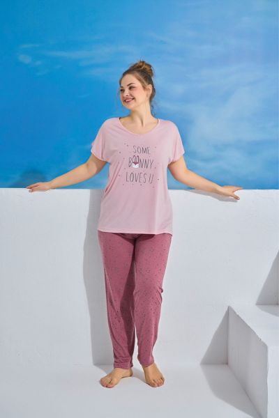 Γυναικεία πιτζάμα plus size καλοκαιρινή κοντομάνικη ροζ