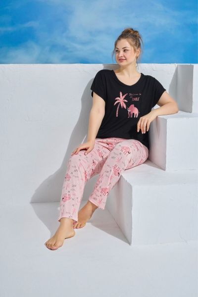 Γυναικεία πιτζάμα plus size κοντομάνικη μπλούζα μακρύ παντελόνι