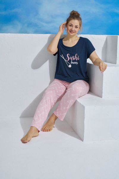 Γυναικεία πιτζάμα plus size σκούρο μπλε ροζ χρώμα σούσι