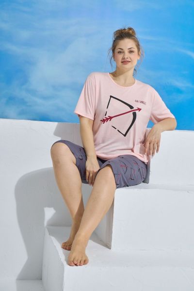 Γυναικεία πιτζάμα plus size κάπρι κοντομάνικη μπλούζα ροζ γκρι