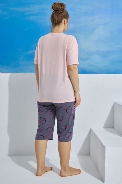 Γυναικεία πιτζάμα plus size κάπρι κοντομάνικη μπλούζα ροζ γκρι