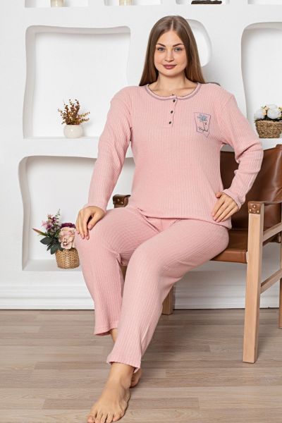 Γυναικεία πιτζάμα plus size χειμωνιάτικη ύφασμα ριπ ροζ βαμβακερή