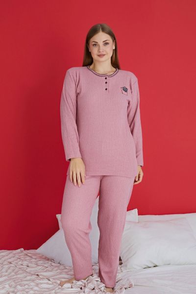 Γυναικεία πιτζάμα plus size χειμωνιάτικη ύφασμα ριπ ροζ