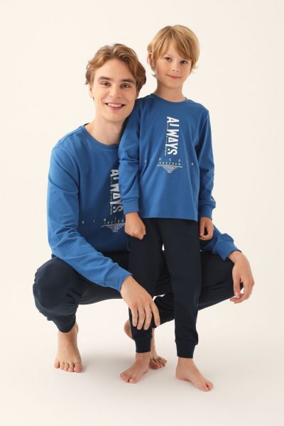 Αγορίστικη χειμωνιάτικη πιτζάμα μπαμπάς και γιος βαμβακερή μπλε