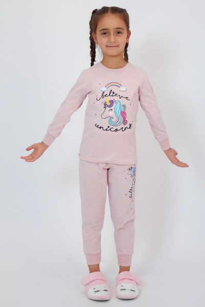 Παιδική πιτζάμα για κορίτσι χειμωνιάτικη μονόκερο βαμβακερή ροζ 