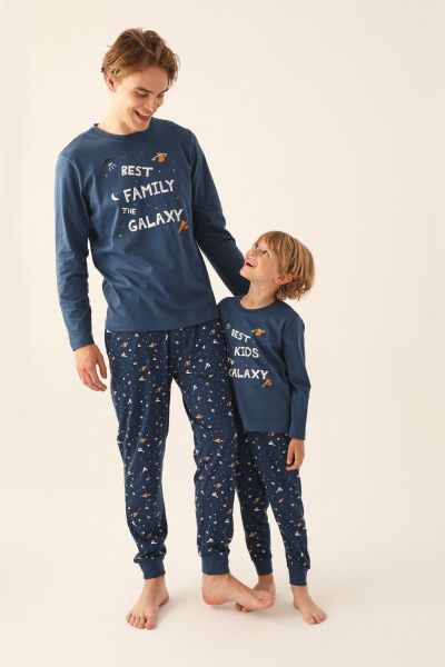 Ανδρική χειμωνιάτικη πιτζάμα σκούρο μπλε μπαμπάς και γιος διάστημα
