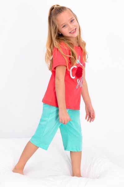 Καλοκαιρινή κοριτσίστικη παιδική πιτζάμα κοραλλί χρώμα με κεράσια
