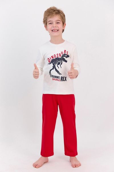 Αγορίστικη παιδική χειμωνιάτικη πιτζάμα βαμβακερή κόκκινο λευκό με δεινόσαυρο 