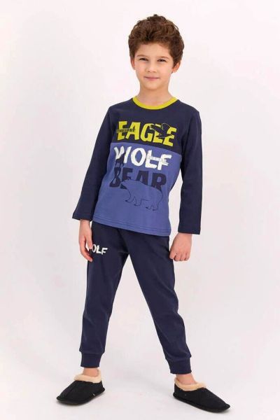 Αγορίστικη παιδική χειμωνιάτικη πιτζάμα βαμβακερή σκούρη μπλε με ζωάκια