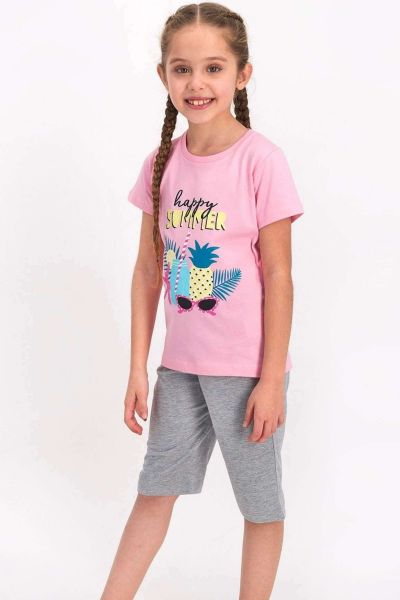 Καλοκαιρινή κοριτσίστικη παιδική πιτζάμα ροζ χρώμα με τροπικά σχέδια