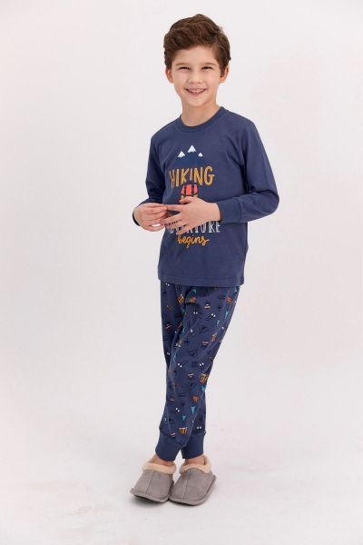 Αγορίστικη παιδική χειμωνιάτικη πιτζάμα βαμβακερή κάμπινγκ σκούρο μπλε 