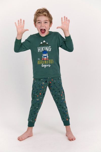 Αγορίστικη παιδική χειμωνιάτικη πιτζάμα βαμβακερή κάμπινγκ σκούρο πράσινο