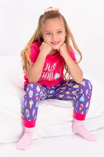 Καλοκαιρινή κοριτσίστικη παιδική πιτζάμα φούξια μωβ χρώμα με παγωτό 