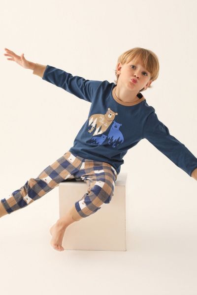 Παιδική χειμωνιάτικη αγορίστικη πιτζάμα αρκουδάκια καρό παντελόνι βαμβακερή μπλε