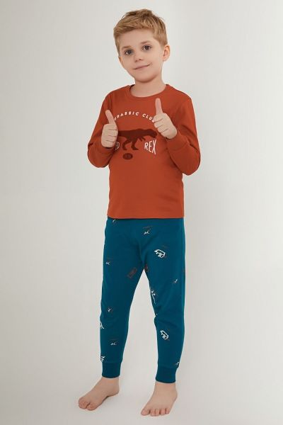 Παιδική χειμωνιάτικη πιτζάμα για αγόρι δεινόσαυρο κεραμιδί βαμβακερή