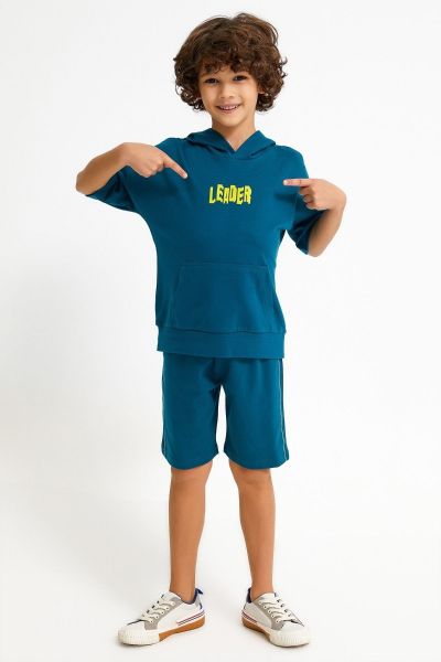 Παιδική φόρμα για αγόρι καλοκαιρινή βαμβακερή μπλε με κουκούλα