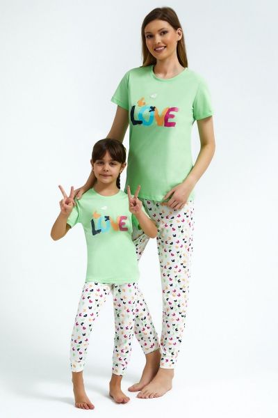 πιτζάμα μαμά και κόρη κοντομάνικη μπλούζα μακρύ παντελόνι λαχανί