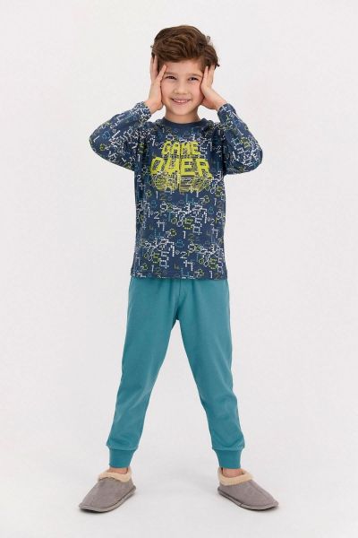 Αγορίστικη παιδική χειμωνιάτικη πιτζάμα βαμβακερή μπλε πετρόλ με αριθμούς