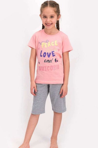 Καλοκαιρινή κοριτσίστικη παιδική πιτζάμα ροζ χρώμα peace