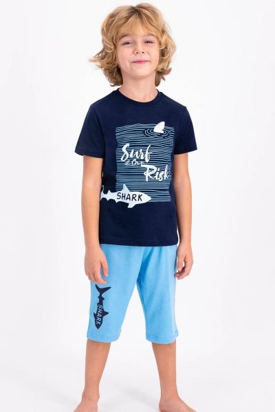 Καλοκαιρινή αγορίστικη παιδική πιτζάμα με σχέδιο surf καρχαρία βαμβακερή 