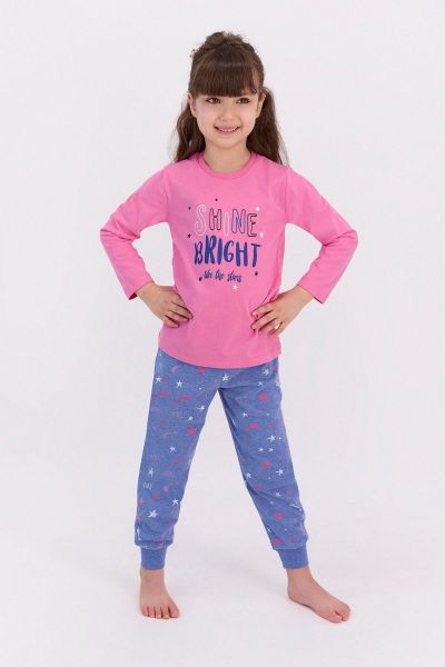 Χειμωνιάτικη παιδική πιτζάμα για κορίτσι με αστέρια ροζ μωβ 