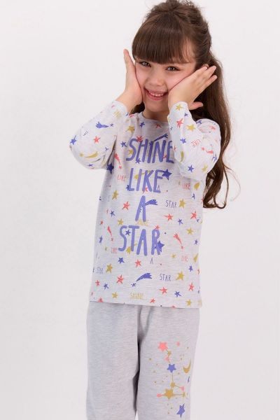 Χειμωνιάτικη παιδική πιτζάμα για κορίτσι με αστέρια γκρι μωβ 