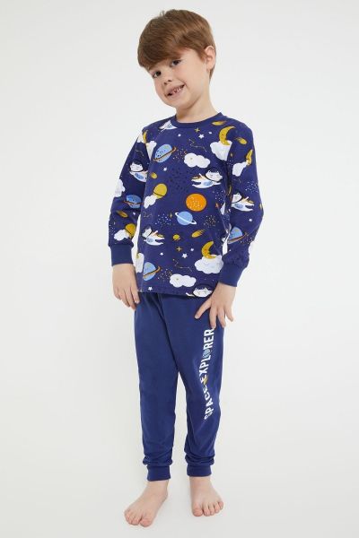 Αγορίστικη παιδική χειμωνιάτικη πιτζάμα βαμβακερή σκούρο μπλε