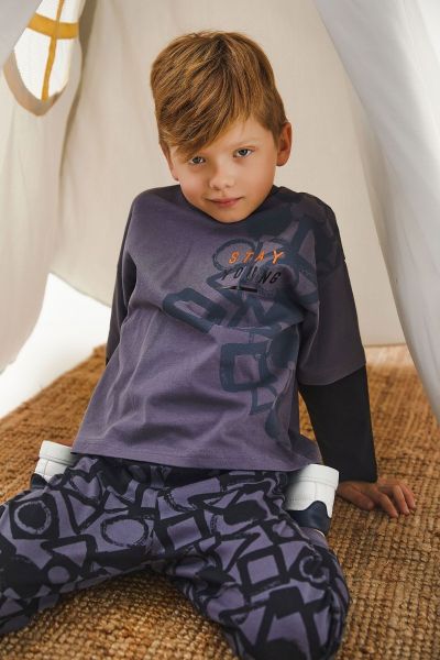 Αγορίστικη παιδική χειμωνιάτικη πιτζάμα βαμβακερή σκούρο γκρι 