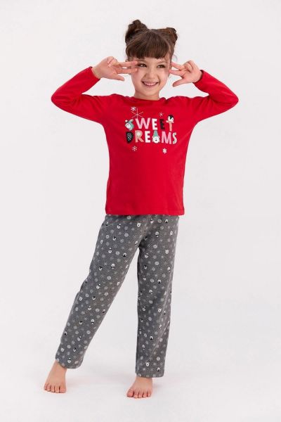 Παιδική κοριτσίστικη χειμωνιάτικη πιτζάμα κόκκινη βαμβακερή χριστουγεννιάτικη